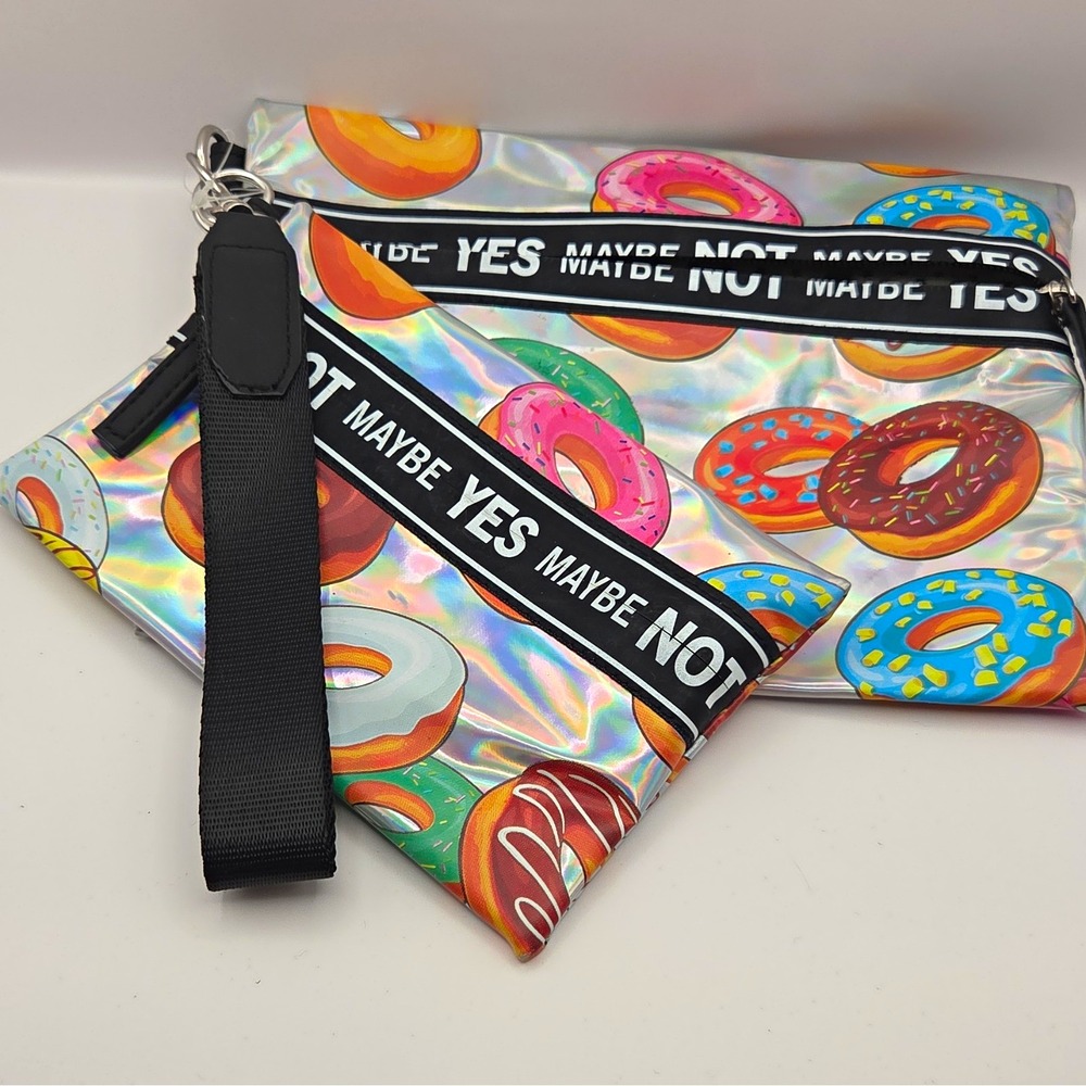 Iridescent Donut Print Zip Wristlet Pouch Clutch w/ Black Wrist Strap